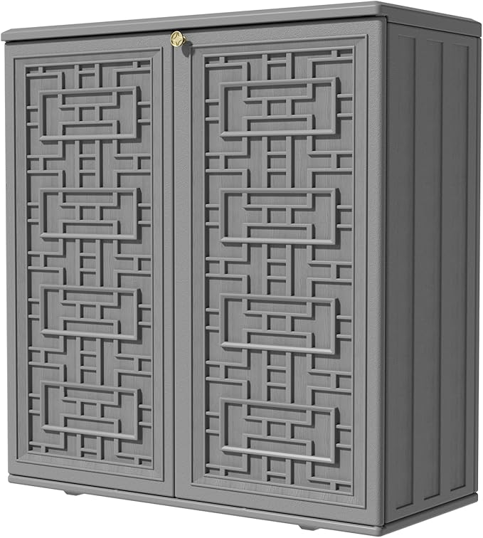 KINYING Outdoor Storage Cabinet Waterproof, Resin 62 Gallon Deck Box for Patio Furniture Cushions, Garden Tools, Pool Tools and Kids’ Toys (Grey with 1 Shelving)