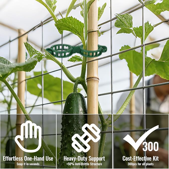 300 Pcs Tomato Clips for Climbing Plants & Garden Clips | All-Season Durable Reusable Plant Supports for Cucumbers, Grapes and Vegetables (Green)