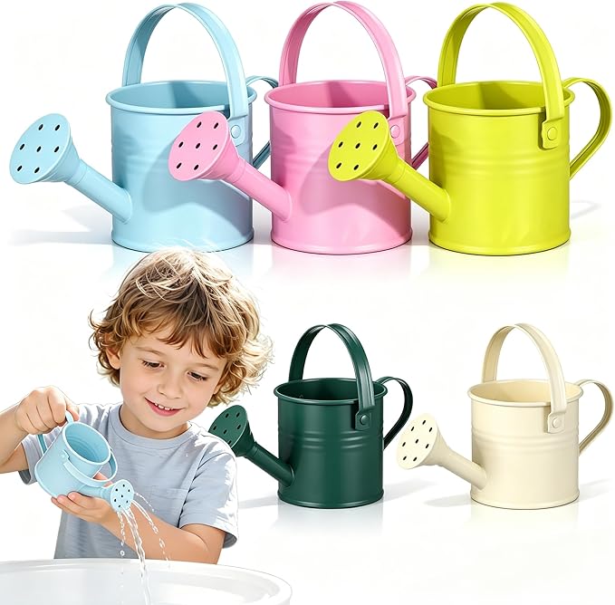NUOBESTY 5Pcs Mini Kids Watering Can Set, Metal Cans Toddlers Small Long Spout Watering Can for Garden Play, Indoor Balcony Plants, Patio Flowers, Little Hands (Random Colors)