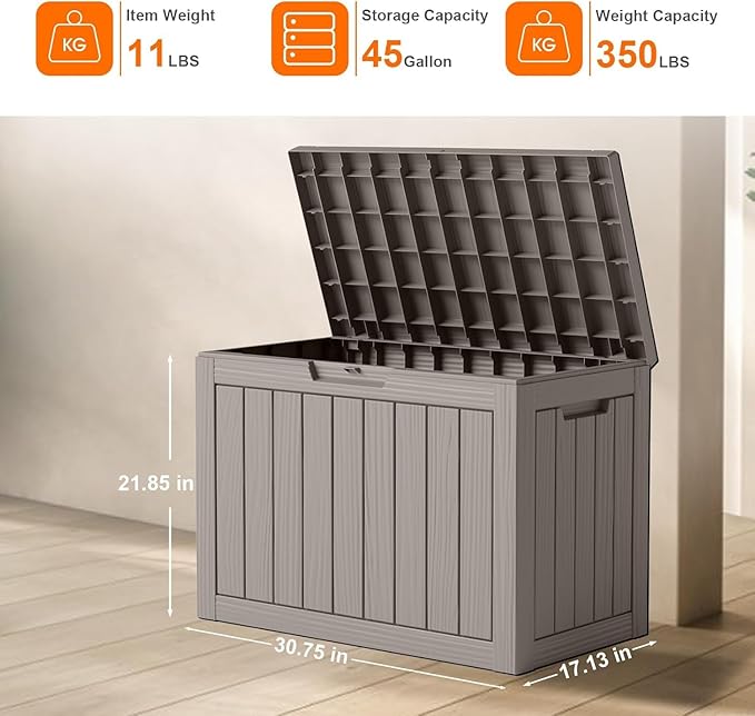 Vixzen 45 Gallon Resin Deck Box, Lockable Outdoor Storage Box for Patio Cushions Storage Furniture,Garden Tools, Pool Supplies, Weatherproof and UV Resistant（Grey，45 Gallon）