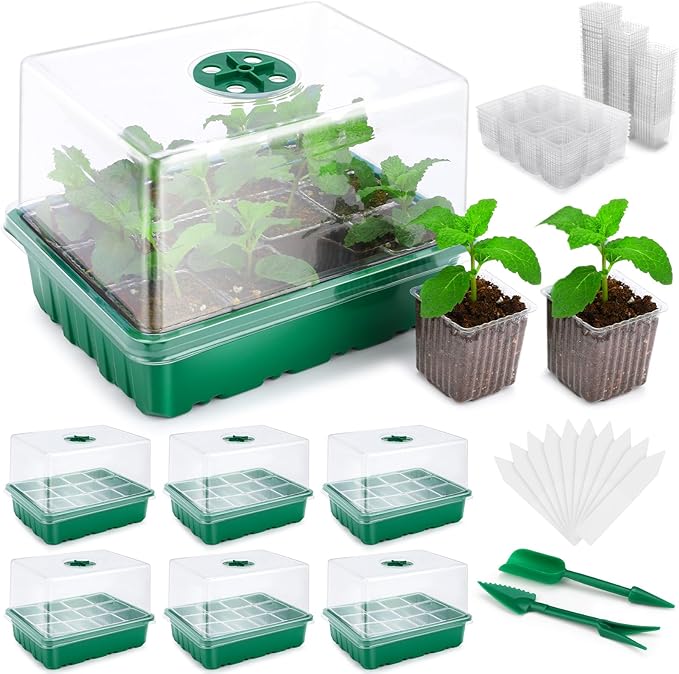 72 XL Cells Seed Starter Tray, 6 Packs Seed Starter Kit Large Size Individual Cells, Seedling Starting Trays with Humidity Dome and High Lid, Germination Kit for Indoor Greenhouse Seed Starter