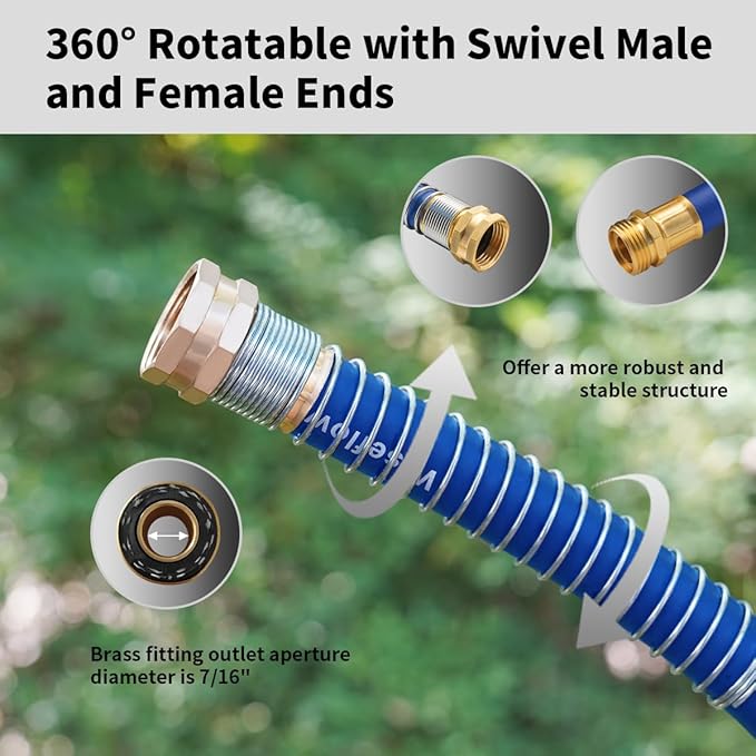 WiseFlow Garden Hose 25FT x 5/8", Heavy Duty Rubber Hose, Water Hose with Five Layered Braiding, Male Female Fittings, 1000PSI Burst, 300PSI Working (Blue)