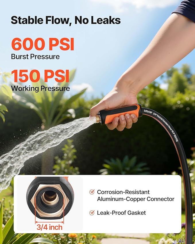 VEVOR Garden Hose, 50 ft 5/8" Heavy Duty 4-Layer Rubber Water Hose, 150PSI Working & 600PSI Burst, Flexible & Non-kink Outdoor Waterhose with 3/4" Fitting, Lightweight Hoses for Gardening Cleaning