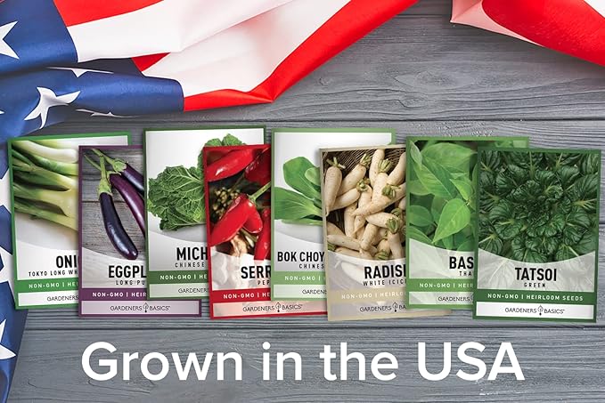 Gardeners Basics, Asian Vegetable Seeds for Planting 8 Packets Bok Choy, Michihili (Napa) Chinese Cabbage, Tatsoi, Onion, White Radish, Serrano, Eggplant for Your Non GMO Heirloom Vegetable Garden