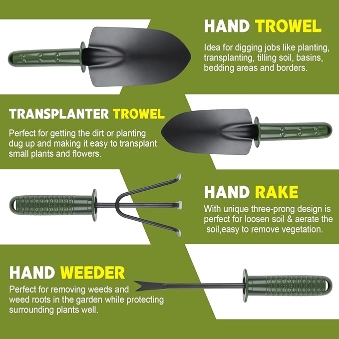 Garden Tool Set,4 Pieces Garden Tools Including Hand Shovel, Transplant Shovel,Weeder and Hand Rake with Non-Slip Handle, Idea for Transplanting, Weeding, Digging and Planting. Gardening Tools