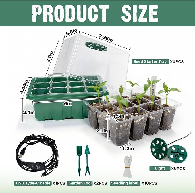 6 Pack Seed Starter Kit with Grow Light 72 Cells Plant Starter Trays with 3.9 Inch Adjustable Humidity Dome Reusable Indoor Plant Germination Tray for Gardening
