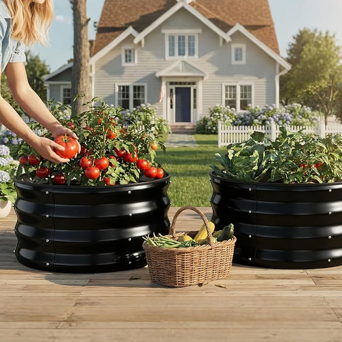 COMHOMA 2 Pack Round Raised Garden Bed 2x2x1ft,Galvanized Metal Planter Box Kit for Outdoor Gardening,Vegetable Flower Herb Growing Beds with Gloves Tools,Black