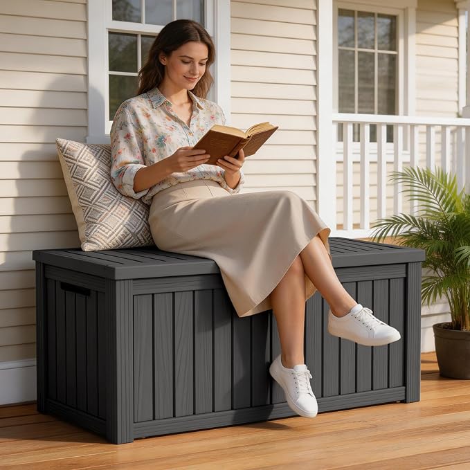 Mars Villa 120 Gallon Outdoor Storage Box, Resin Deck Box Waterproof for Patio Furniture Cushions, Pool Supplies, Gardening Tools, Weatherproof and UV Resistant, Black