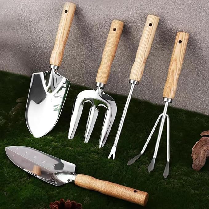 5-Piece Garden Tool Set, Rust-Resistant Stainless Steel with Ergonomic Non-Slip Wooden Handles – Durable Gardening Tools Gift,Includes Trowel,Transplanter, Hand Fork, Cultivator & Weeder Light-Weight