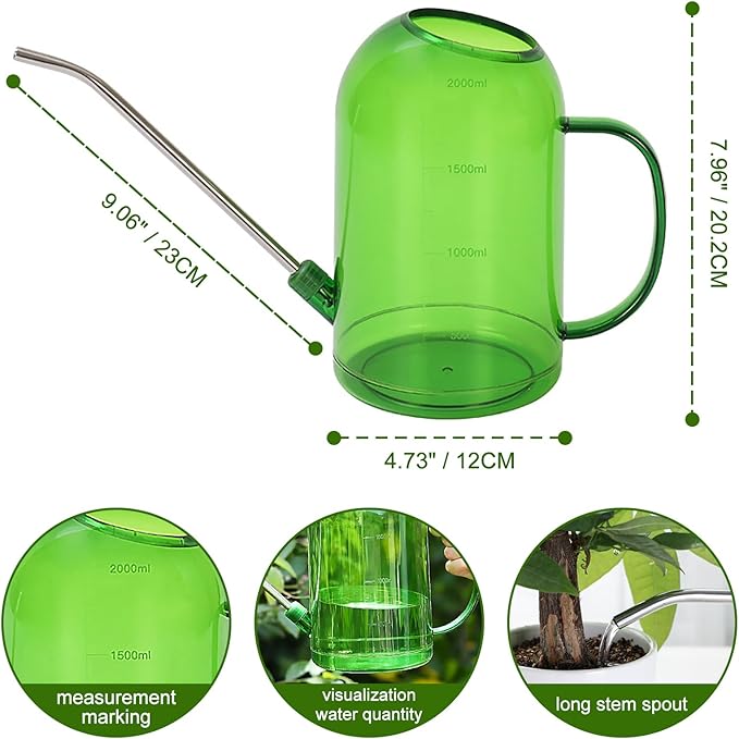 Plastic Watering Can Upgrade Version, Plant Watering Can with Stainless Steel Long Spout, 2L/68oz Clear Measurement Markings Long Spout Watering Can for Indoor Plant and Flowers Easy Fill-Green