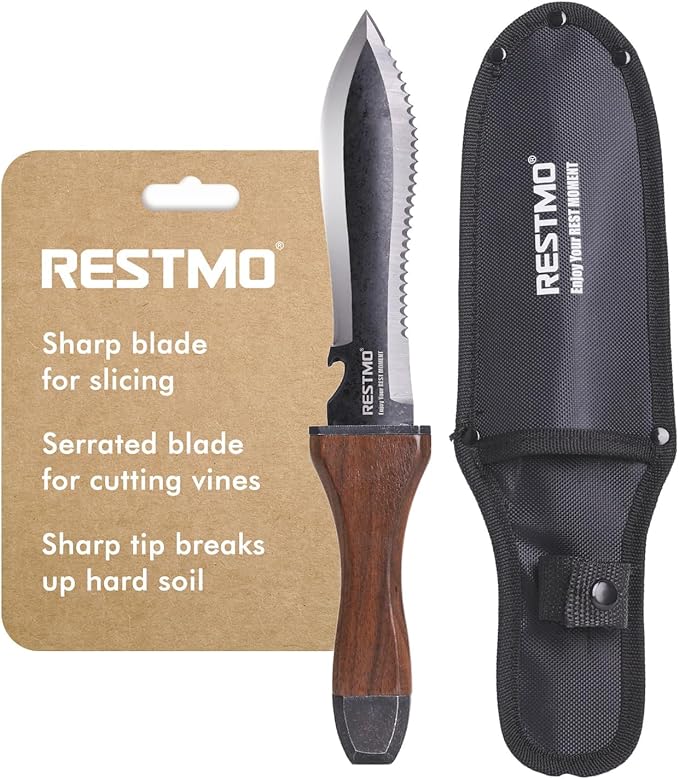 Restmo Hori Hori Garden Knife with Sheath, Durable Weeding and Planting Tool, High-Strength Stainless Steel Dual-Edge Blade, Ergonomic Walnut Handle for Gardening and Outdoor Use
