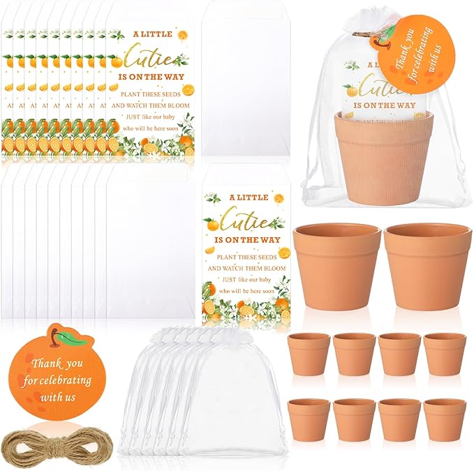 Ctosree 50 Sets Cutie Baby Shower Party Favors for Guests A Little Cutie Is on The Way Seed Packets Include Self Adhesive Seed Packets Flowerpot Thank You Tags Organza Bags for Orange Baby Shower