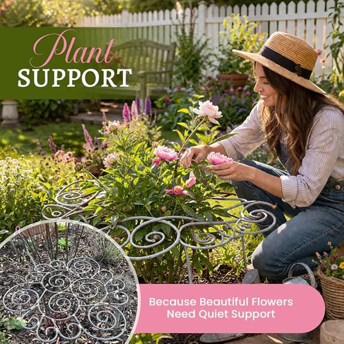 Metal Plant Support Ring, Garden Plant Support Stakes for Flowers Vegetables, Iron Plant Cage, Outdoor Plant Holder for Upright Growth Lawn Patio Garden Support Frame(L)