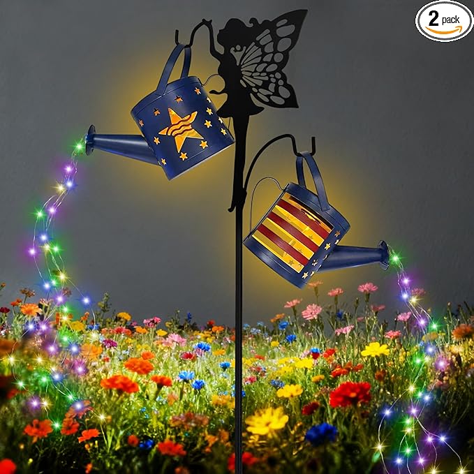 DDQ 2PC Solar Watering Can Lights with Angel Shepherd Hook, Color 58 LED IP65 Waterproof Metal Garden Decor, Auto On/Off for Patio Backyard for 4th of July Decor