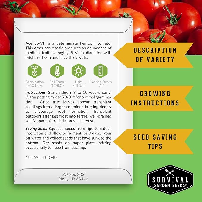 Tomato Seeds 10 Variety Pack for Planting - Black Krim, Roma, Cherry, Aunt Ruby's Green, Orange Cherry, Mortgage Lifter, Brandywine, & More - Non-GMO Heirloom Tomatoes - Survival Garden Seeds