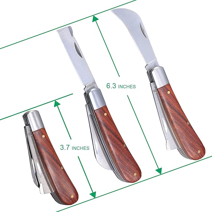 Grafting Knife With 2 Blades & 2 Tapes - Stainless Steel Gardening Tool for Plant Grafting, Pruning, Fruit Picking - Portable Rosewood Handle, Bark Lifter (Foldable)