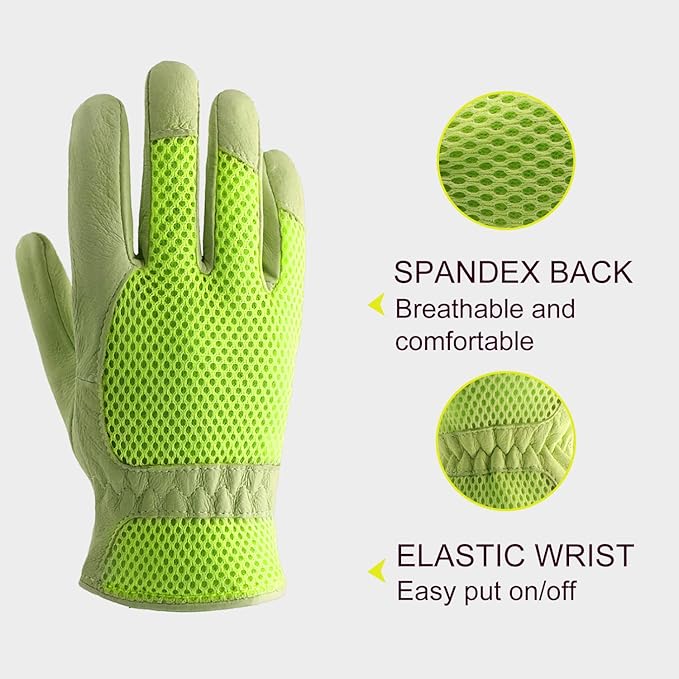 KONGOUARD Women Leather Gardening Gloves, 3D Mesh Breathable Weeding Gloves for Yard Work