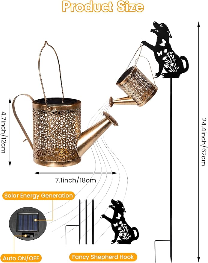 Solar Watering Can Lights with Cascading Light, Solar Lights Outdoor Garden Decor, IP65 Waterproof Hanging Lantern, Hanging Gardening Decor for Outside Patio Porch Yard (Dog)