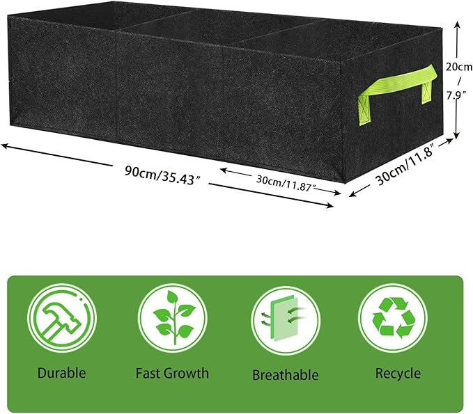 2 Pack Plant Grow Bags,Breathable Fabric Grow Bag with 3 Grids,400GSM Thickened Nowoven Garden Bed,Rectangle Flower Planter Containers for Flower,Vegetable,Fruit,Growing Pot with Handles(90x30x20cm)