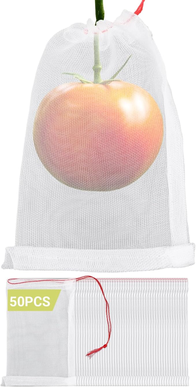 Fruit Protect Bags, 50pcs 4x6 in Garden Netting Bags with Drawstring Against Fruits Flies Bugs Birds Insects, Fruit Tree Bags for Protecting Apple Tomato Peach Figs Guavas Citrus
