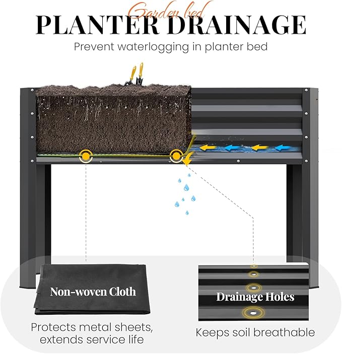 KING BIRD Large Raised Garden Bed with Legs & Storage Shelf Galvanized Elevated Planter Box for Backyard, Patio, Balcony, 400lb Capacity, Dark Grey 48×24×30 in