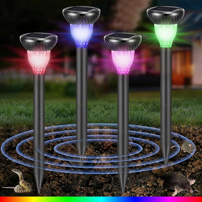 4 Pack Solar Ultrasonic Animal Repellent with RGB Color-Changing Lights, 360° Sonic Pest Deterrent for Outdoor Lawn & Garden, Solar Powered Mole, Gopher & Snake Repellent Stakes