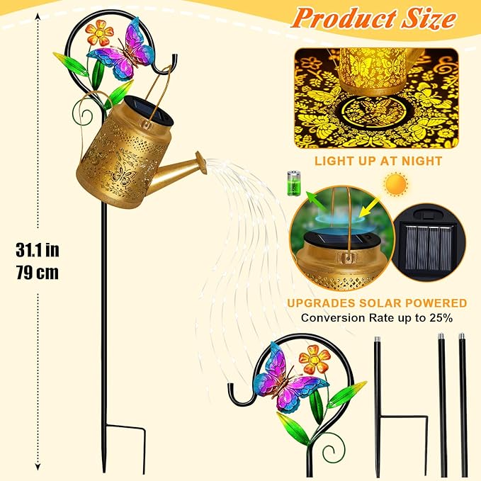 Mothers Day Gifts, Butterfly Solar Watering Can Lights, Outdoor Waterproof Garden Lanterns with Shepherd Hook, Solar Garden Decor for Yard Outdoor Landscape Pathway, Gift for Women Mom Grandma 2 Pack