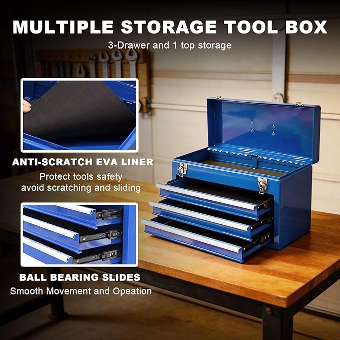 3 Drawer 20“ Metal Tool Box Portable Steel Tool Chest with Metal Latch Closure for Garage, Home and Workbench, Blue