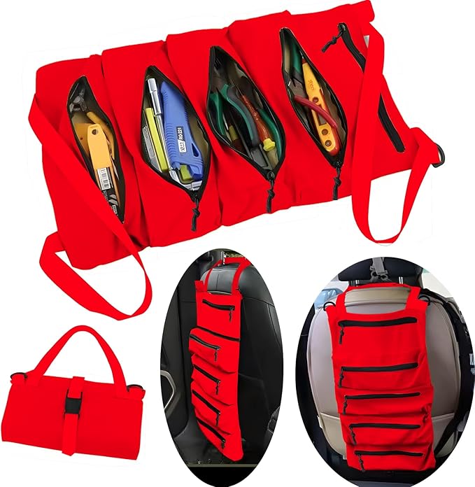 Roll-Up Tool Storage Bag, Nylon Gardening Organizer with 5 Pockets, 11x18 Inch, Portable Hanging Design for Outdoor Maintenance, School, Work (54hong)