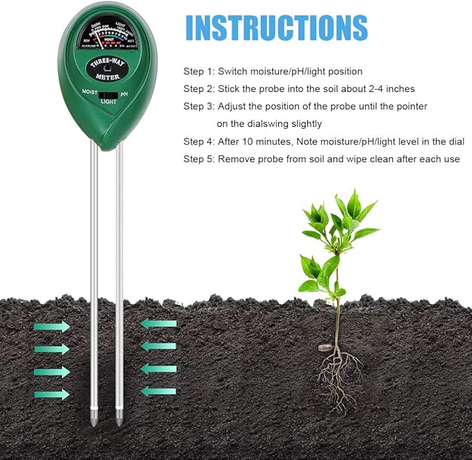 Soil pH Meter, 3-in-1 Soil Testing Kit with Moisture, Light and PH Tester for Plant, Vegetables,Garden, Farm, Lawn, Indoor & Outdoor (No Battery Needed) - Green