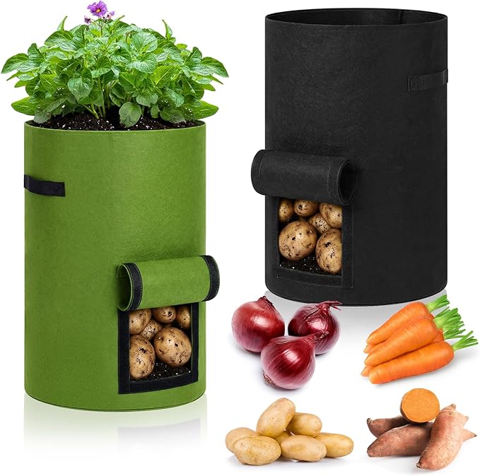 2 Pack 30 Gallon Potato Grow Bags with Harvest Window, Durable Garden Planter Bags with Handles for Potatoes, Tomatoes, and Vegetables - Indoor & Outdoor Gardening Supplies (Black,Green)