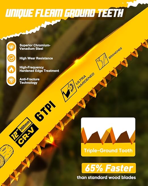 5 Pack,12 Inch Wood Pruning Reciprocating Saw Blades,6TPI Arc Pruning Blades for Reciprocating Saw, Japanese Teeth Sawzall Blades for Fast Tree Trimming & Wood Cutting,with Storage Box