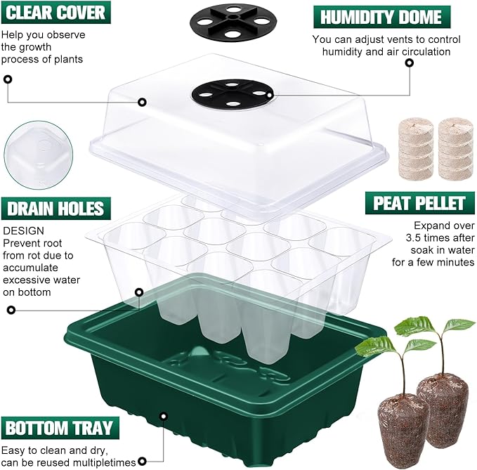6 Pack Seed Starter Tray with 72 Pcs Peat Pellets, Seeding Starter Kit (72 Cells Total Tray) with Humidity Dome, Soil Plant Germination Tray Kit for Flower Vegetable(Black, Green)