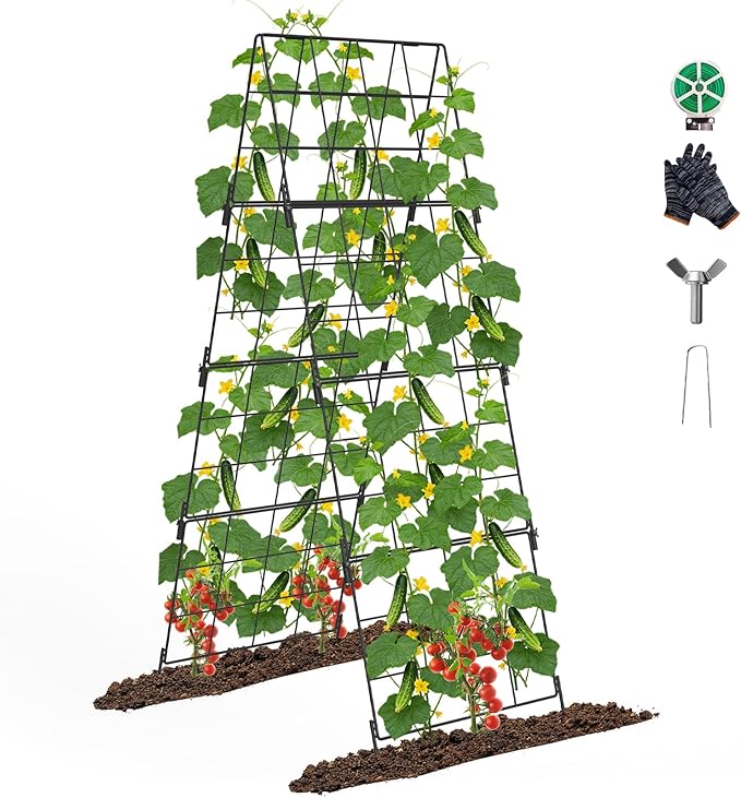 Adjustable A-Frame Trellis for Climbing Plants Outdoor, 48"x16" Cucumber Trellis for Raised Bed, Metal Garden Trellis with Grid Design, Tomato, Grape, Bean, Pea, Squash, Vegetable Trellis (Black)