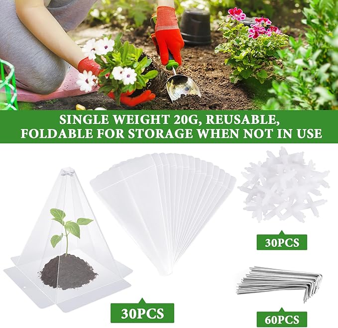 30 Pieces Garden Cloches for Plants, Reusable Plastic Plant Seedling Protector with 60 Ground Securing Peg, Transparent Bell Jar Cloches to Protect Plants from Birds, Slugs, sun, Frost, Freeze Weather