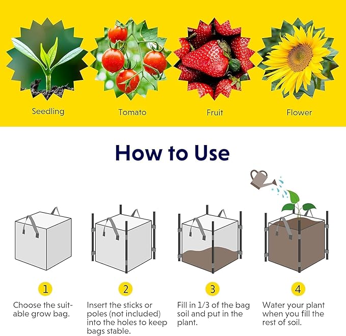 iPower 5-Pack 7 Gallon Square Grow Bags, Vegetable/Flower/Plant Fabric Pots with Handles, Heavy Duty Thickened Nonwoven Planting Bag, Black