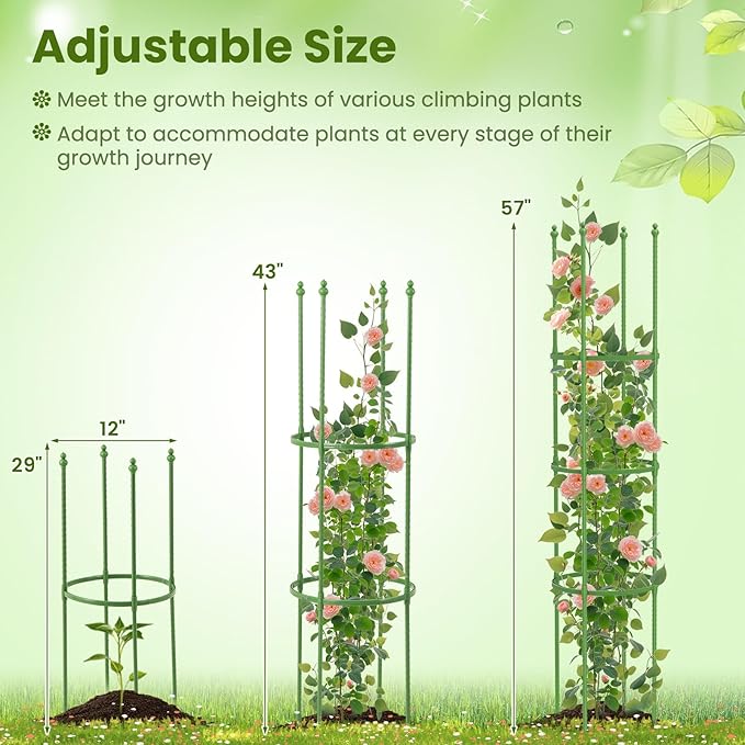 Giantex 2-Pack Tomato Cages, 57”Hx12” PE-Coated Metal Plant Cages & Supports w/Adjustable Height, 2-in-1 Round Trellis for Climbing Flower Vegetable Fruit, Potted Plant (12”Dia x 57”H (Pack of 2))