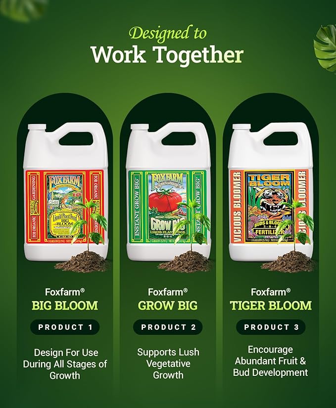 FoxFarm Soil Liquid Trio Pack - Big Bloom, Grow Big, Tiger Bloom Fertilizers for Vigorous Plant Growth, Bud Development & Abundant Fruit - Complete Liquid Plant Food Set - 3 Gallon Bottles