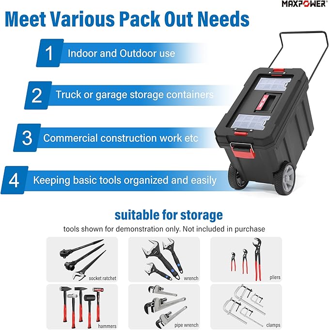 MAXPOWER Rolling Tool Box with Wheel, 8 Gallon Storage Capacity Deep Tool Box, Lockable Latches, Removable Tray, Black Toolbox