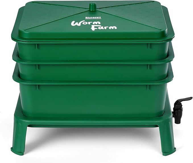 Blütezeit 3-Tray Worm Composter, 32QT Worm Farm with Compost Worms Starter Kit for Indoor & Outdoor, Worm Composting Bin for Recycling Food Waste (Green)