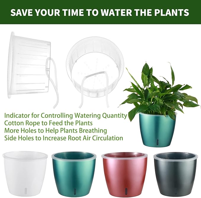 Self Watering Pots for Indoor Plants, 6-Pack 5'' Self Watering Planter with Drainage Holes, Small African Violet Pots with Water Indicator, Clear Wick Orchid Pot, Grey