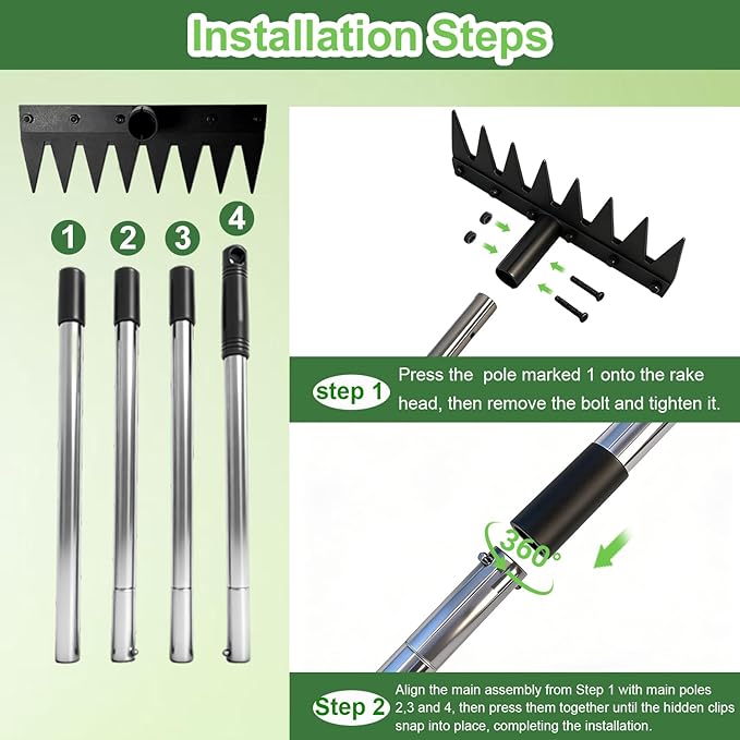 Weed Puller Tool Stainless Steel 8 Tines Manual Weeder Tool with Adjustable Length Handle, Weeder Rakes for for Yard, Patio, Lawn and Garden