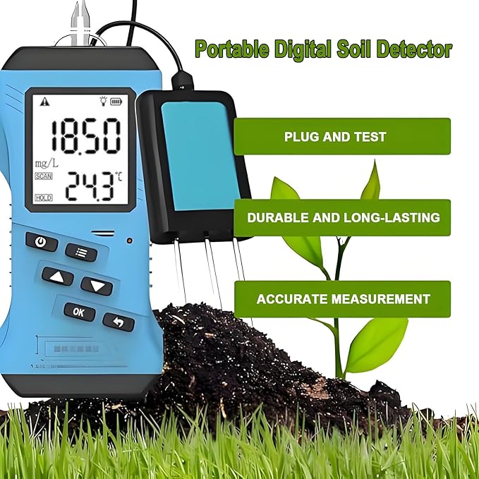Soil Moisture NPK PH EC Meter Tester, Soil PH Meter for Garden, Digital PH Meter for Soil, No Reagents Required, Clear Under Low Light Conditions, Soil Fertility Test