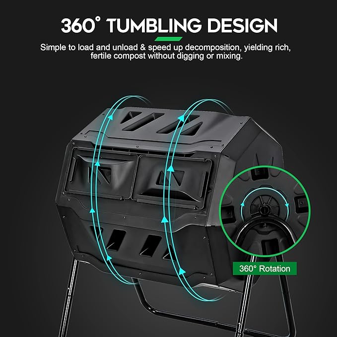 F2C Compost Bin Outdoor 43 Gallon Garden Dual Chamber Composter Bin - Bundled with Pearson's Gardening Gloves, BPA Free, Heavy-Duty Steel Frame, Rotating Tumbler with Sliding Doors -Black