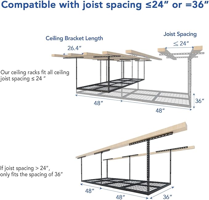 FLEXIMOUNTS 3x8 Overhead Garage Ceiling Storage Rack, Adjustable Garage Organization System, Heavy Duty Metal, 750lbs Weight Capacity, Black, Classic Series