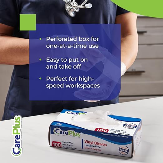 CARE PLUS Vinyl Gloves Clear Medium Size 1000 Count | Heavy Duty, Non-Sterile, Powder-Free, Latex-Free Rubber | Food Prep, Kitchen & Cleaning Gloves, Ideal for Professional Use