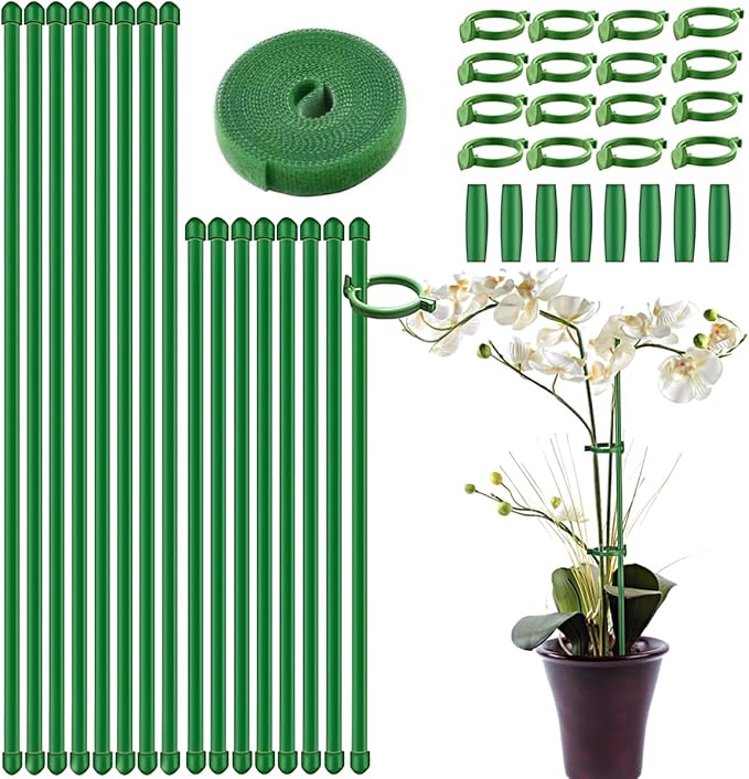 Plant Stakes,Adjustable Length Support Stake Orchid Stick with Ring Buckles Garden Pole for Potted Tomato Rose Amaryllis Beans Vegetables Comes with 40-inch Ties (Green, 17inch&12inch)