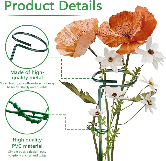 Huakaile 4 Packs Adjustable 23.6" Plant Stakes and Supports with 30 Pieces 9" Twist Ties, Green Plant Holder Stick Outdoor Indoor, Metal Flower Support Stakes Rings for Gardens Vegetables (60 cm)