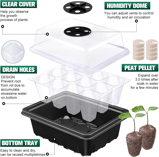 6 Pack Seed Starter Tray with 72 Pcs Peat Pellets, Seeding Starter Kit (72 Cells Total Tray) with Humidity Dome, Soil Plant Germination Tray Kit for Flower Vegetable(Black)