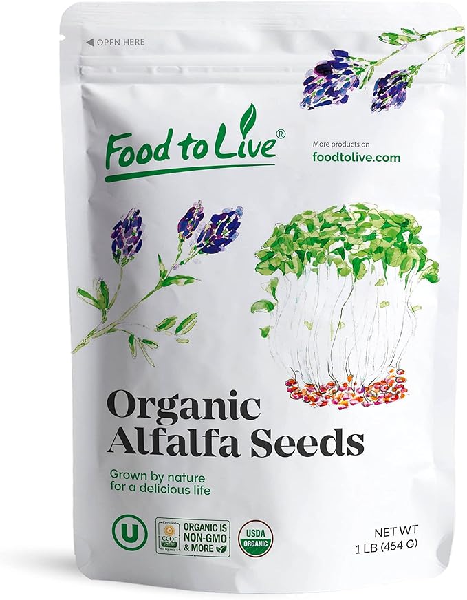 Food to Live Organic Alfalfa Seeds for Sprouting, 1 Pound - Non-GMO, Edible Seeds, Pure, Vegan, Kosher, Bulk. Rich in Vitamin K & C. High Germitation Rate. Grow Sprouts & Microgreens for Salads, Rolls
